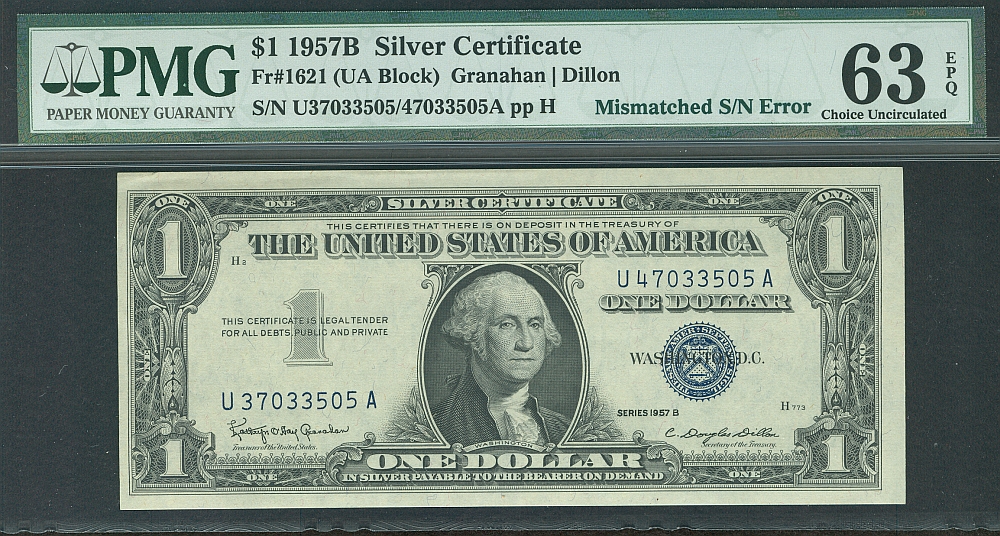 Mismatched Serial Number, 1957B $1 Silver Certificate, ChCU, PMG63-EPQ
